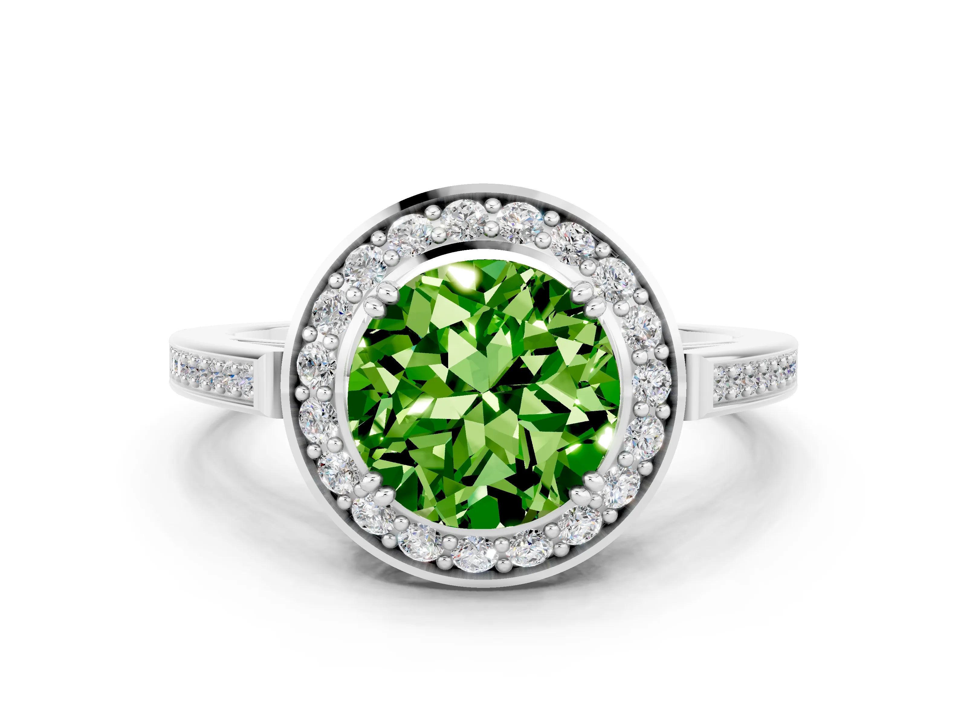 White gold Round Cut Peridot Halo Ring with Split Shank and Four-Prong Setting