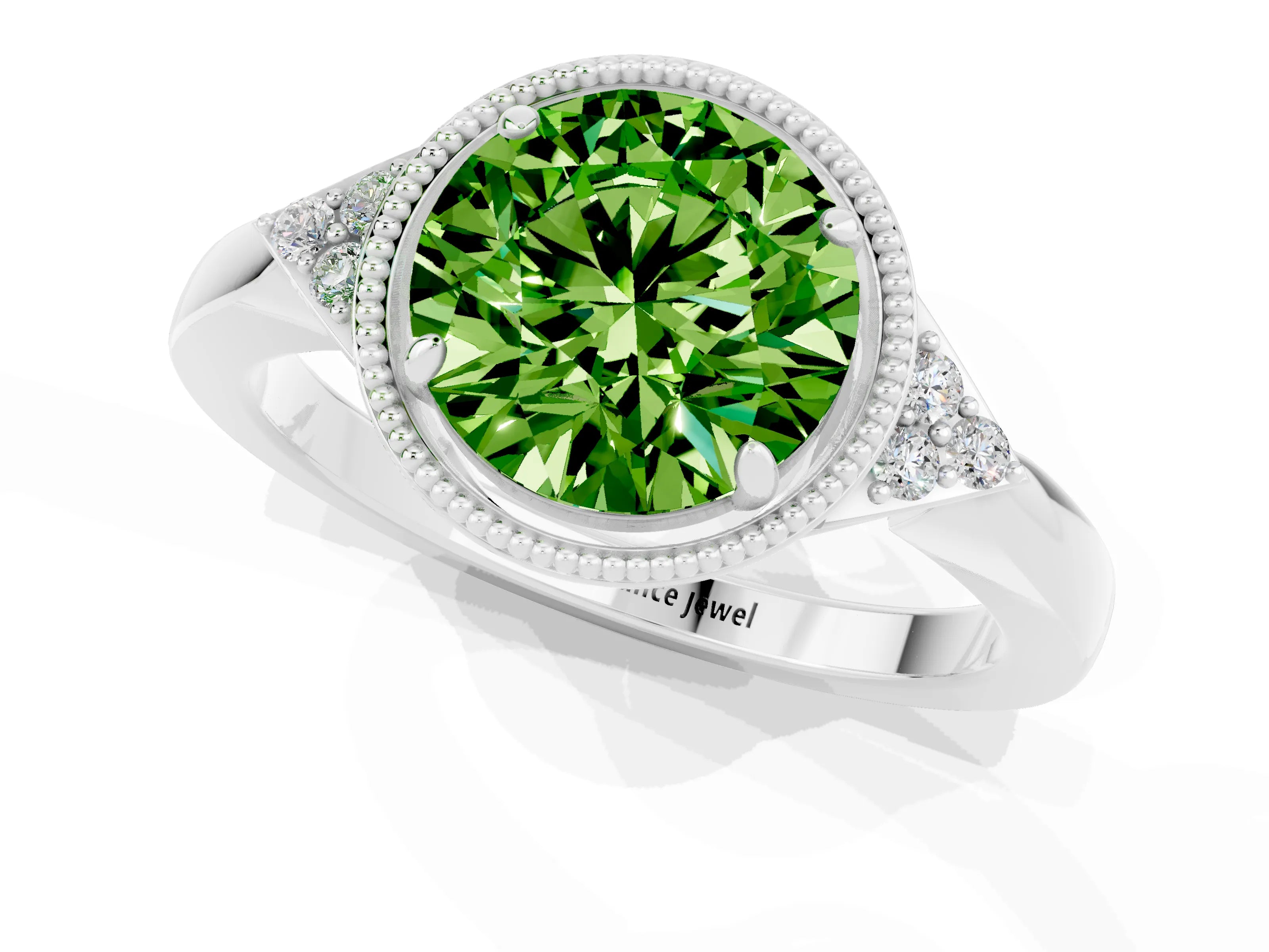 White gold Round Cut Peridot Halo Ring with Tapered Band and Four-Prong Setting_1