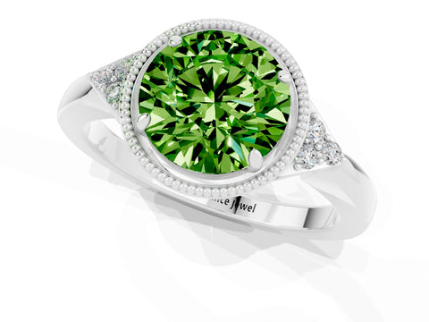 White gold Round Cut Peridot Halo Ring with Tapered Band and Four-Prong Setting_1