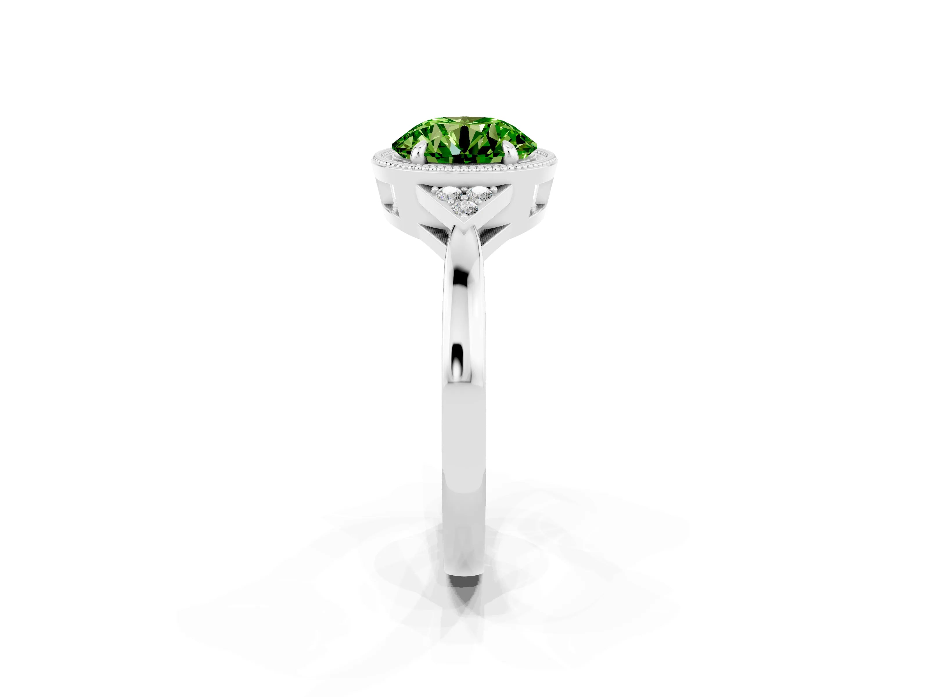 White gold Round Cut Peridot Halo Ring with Tapered Band and Four-Prong Setting_2