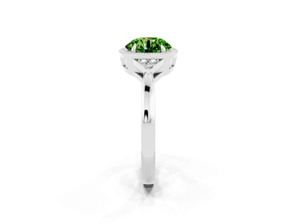 White gold Round Cut Peridot Halo Ring with Tapered Band and Four-Prong Setting