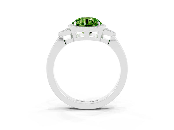 Platinum Round Cut Peridot Halo Ring with Tapered Band and Four-Prong Setting
