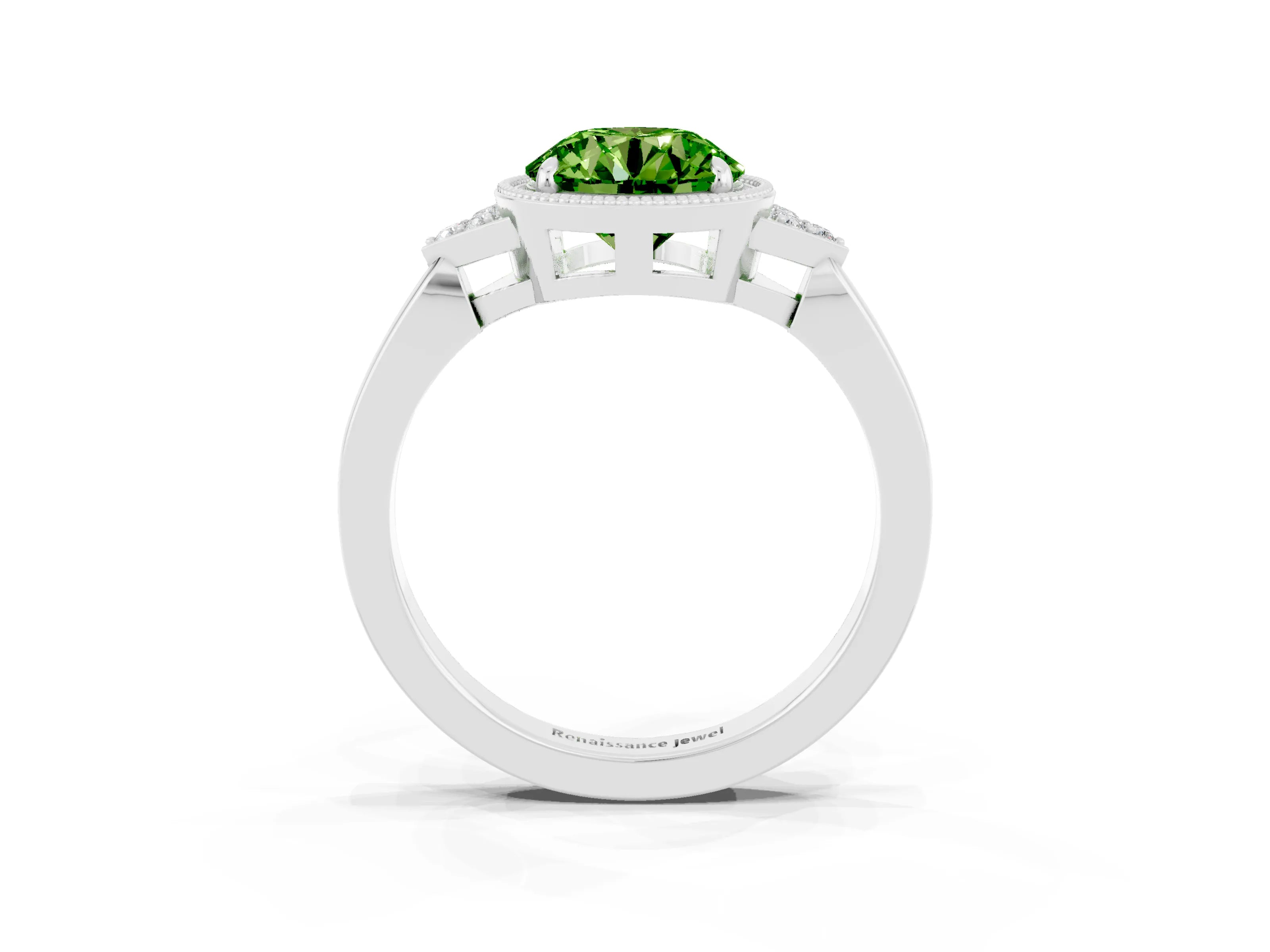 White gold Round Cut Peridot Halo Ring with Tapered Band and Four-Prong Setting_3