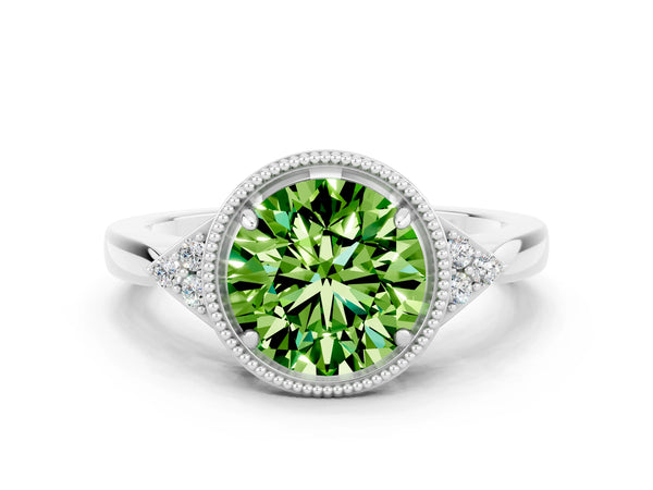 Silver Round Cut Peridot Halo Ring with Tapered Band and Four-Prong Setting