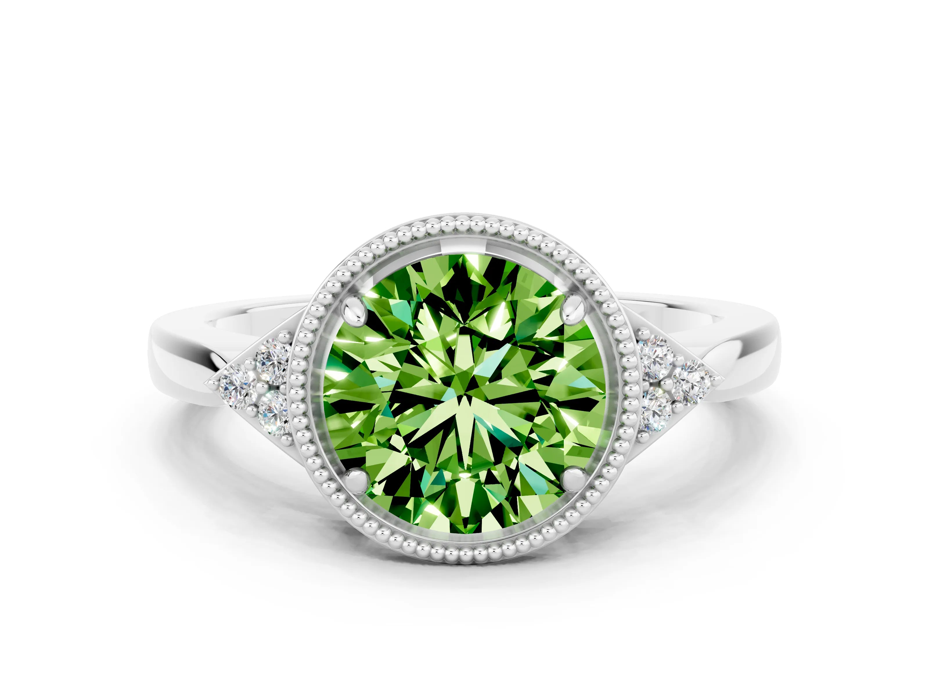 White gold Round Cut Peridot Halo Ring with Tapered Band and Four-Prong Setting