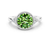 White gold Round Cut Peridot Halo Ring with Tapered Band and Four-Prong Setting