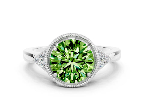 White gold Round Cut Peridot Halo Ring with Tapered Band and Four-Prong Setting