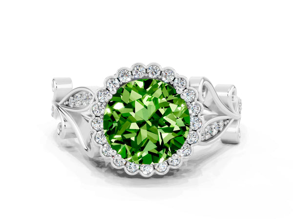 Platinum Round Cut Peridot Halo Ring with Vintage Split Shank and Four-Prong Setting