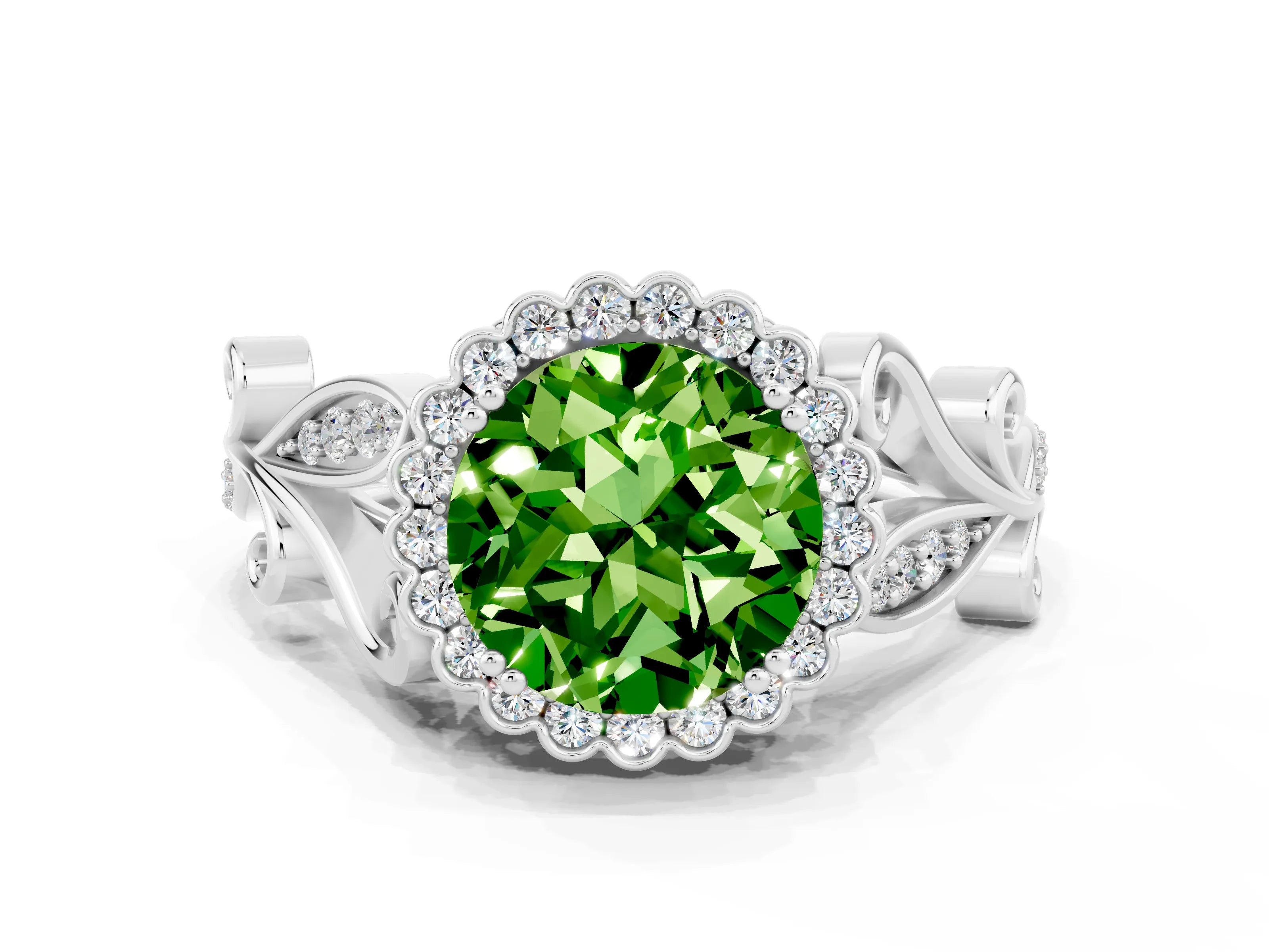 White gold Round Cut Peridot Halo Ring with Vintage Split Shank and Four-Prong Setting_12