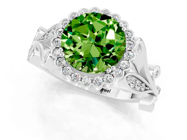 Platinum Round Cut Peridot Halo Ring with Vintage Split Shank and Four-Prong Setting