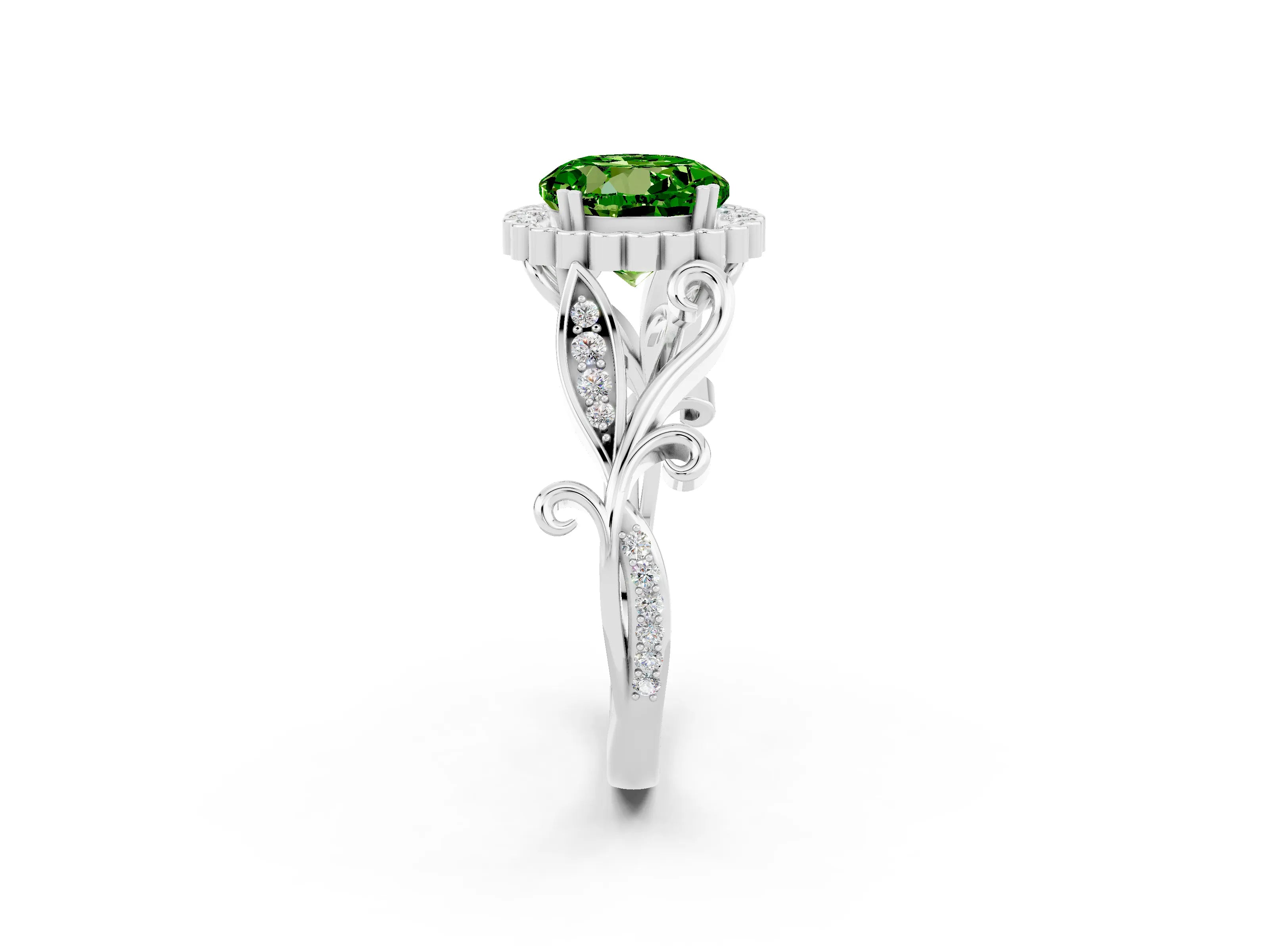 White gold Round Cut Peridot Halo Ring with Vintage Split Shank and Four-Prong Setting_14