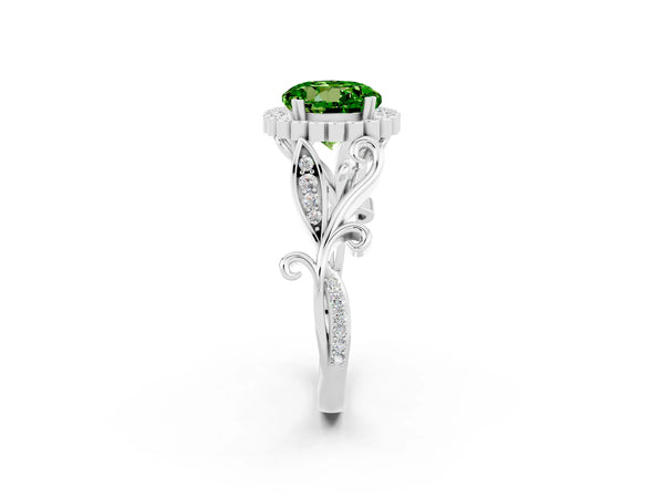 White gold Round Cut Peridot Halo Ring with Vintage Split Shank and Four-Prong Setting