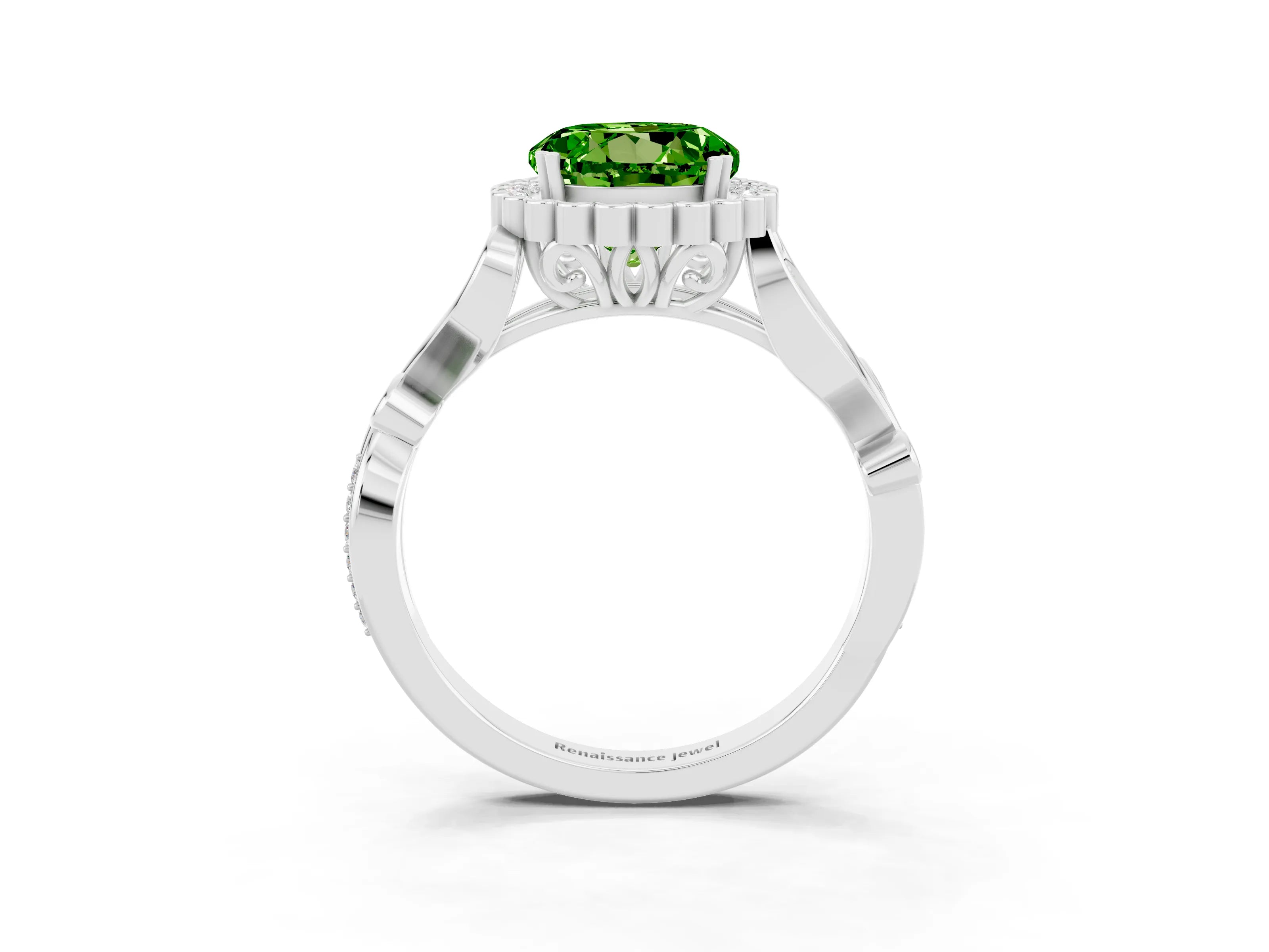 White gold Round Cut Peridot Halo Ring with Vintage Split Shank and Four-Prong Setting_15