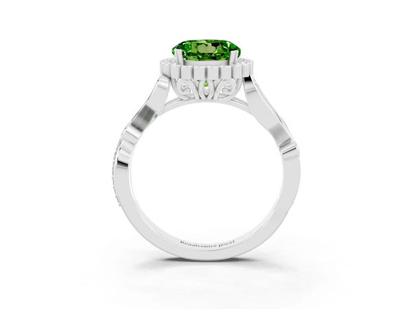 White gold Round Cut Peridot Halo Ring with Vintage Split Shank and Four-Prong Setting