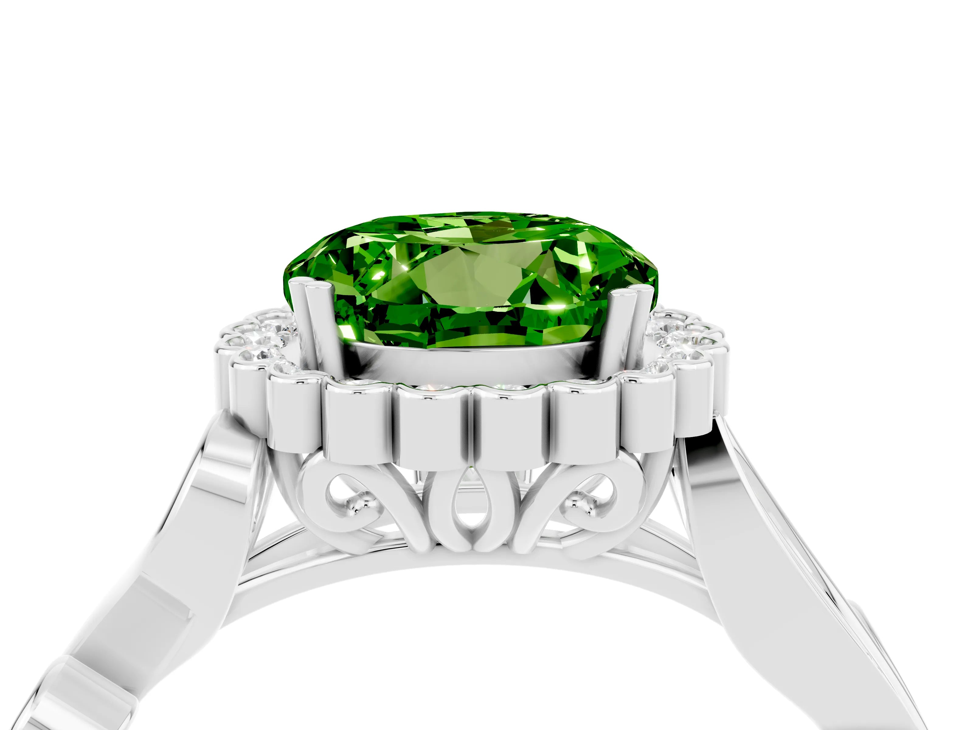 White gold Round Cut Peridot Halo Ring with Vintage Split Shank and Four-Prong Setting_16