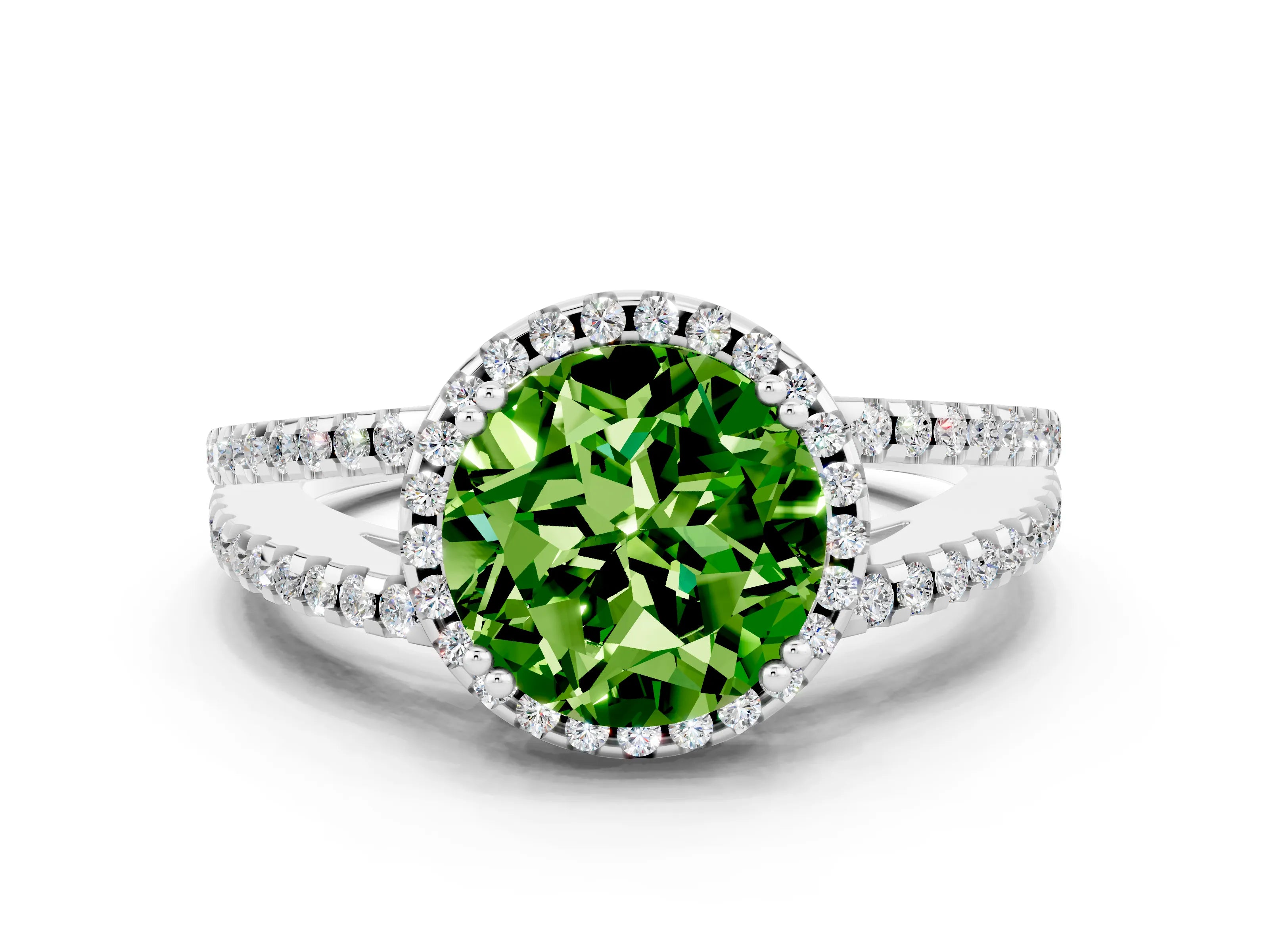White gold Round Cut Peridot Halo Split Shank Engagement Ring_12