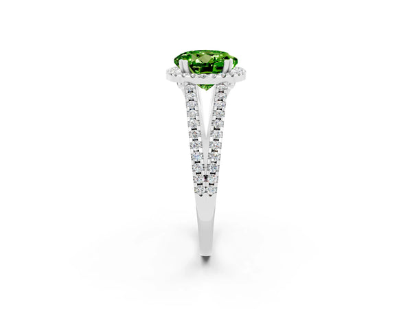 Platinum Round Cut Peridot Halo Split Shank Engagement Ring