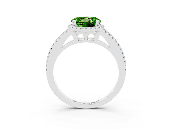 Silver Round Cut Peridot Halo Split Shank Engagement Ring