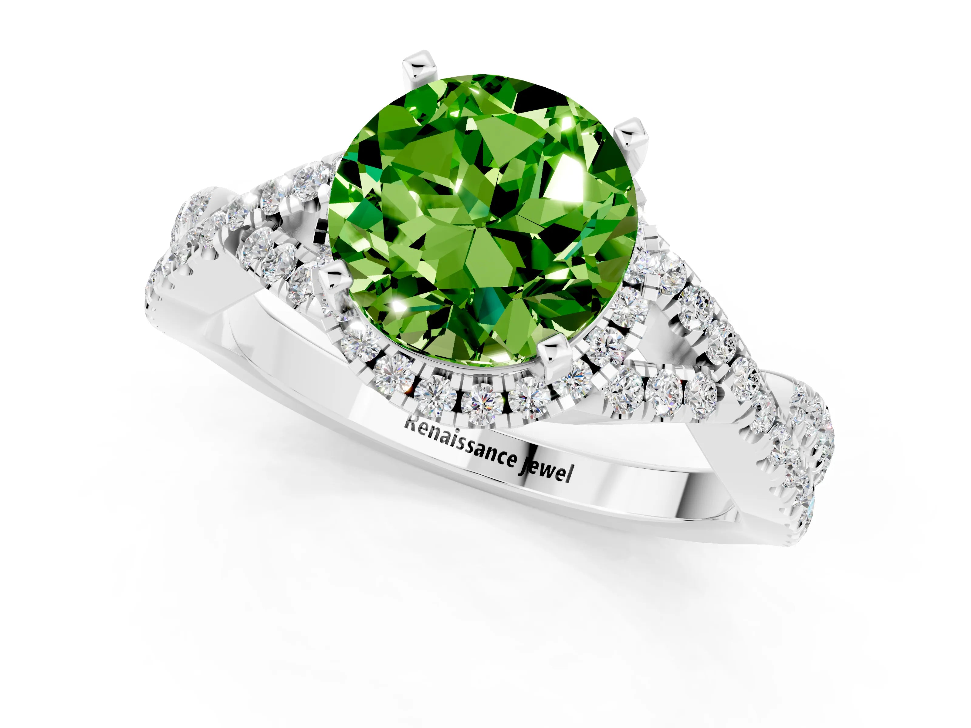 White gold Round Cut Peridot Halo Twist Band Solitaire Prong Setting Ring_1