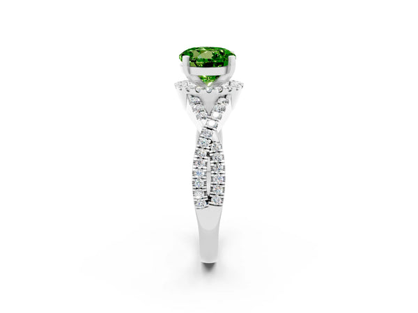 White gold Round Cut Peridot  Halo Twist Band Solitaire Prong Setting Ring