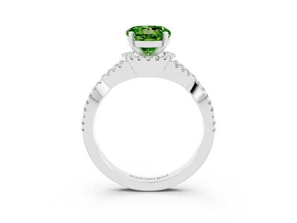 Silver Round Cut Peridot  Halo Twist Band Solitaire Prong Setting Ring