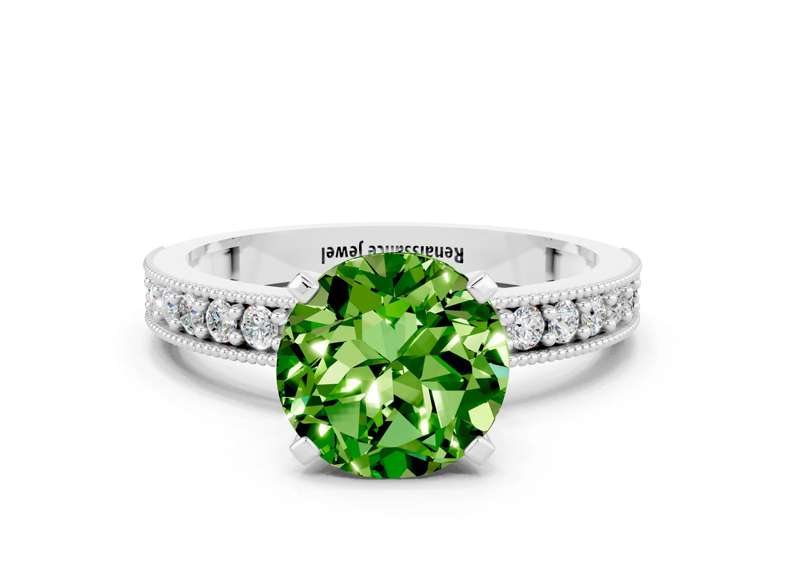 White gold Round Cut Peridot Milgrain Pavé Engagement Ring with Four-Prong Setting