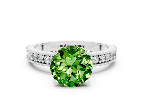 White gold Round Cut Peridot Milgrain Pavé Engagement Ring with Four-Prong Setting