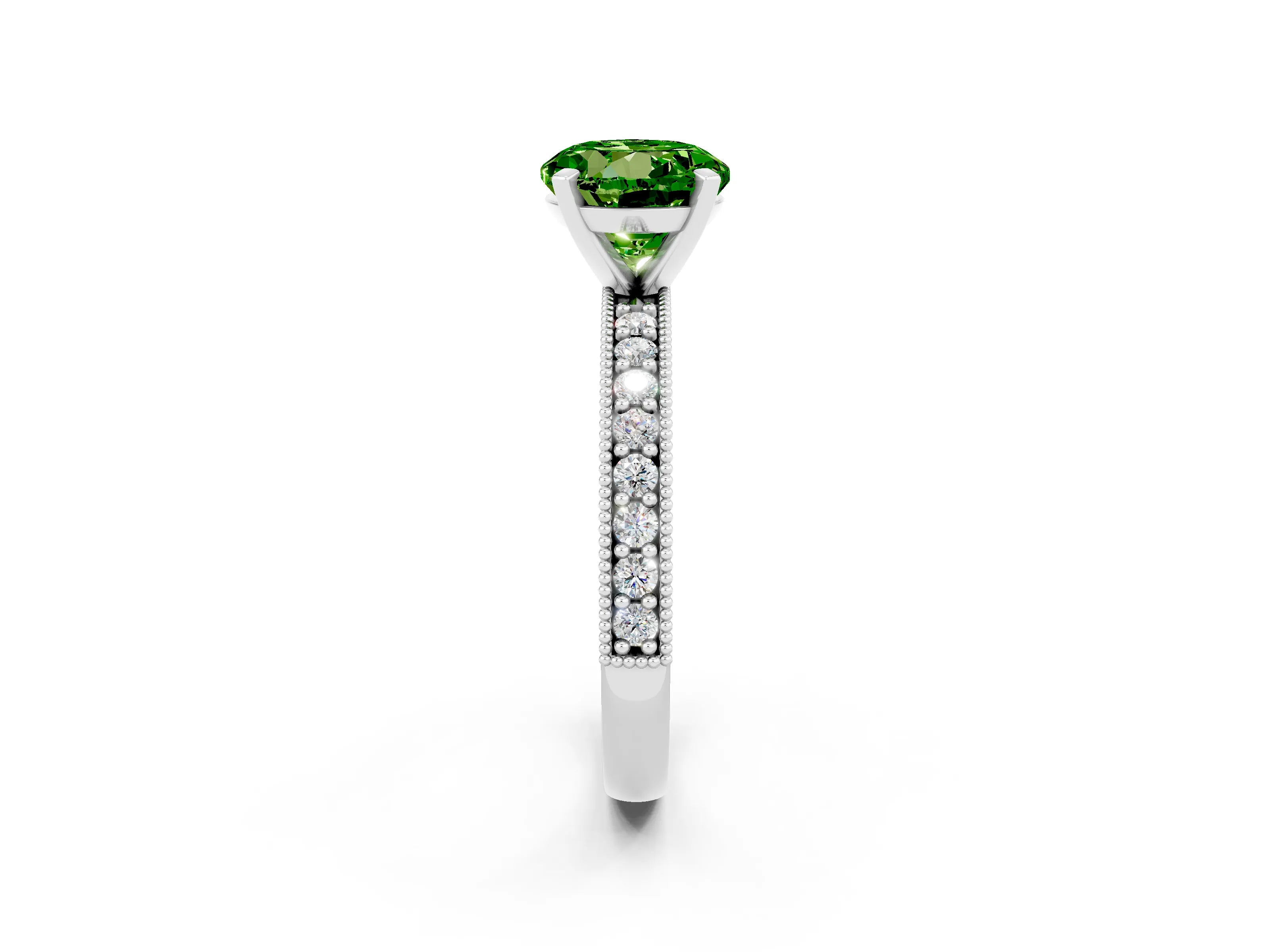 White gold Round Cut Peridot Milgrain Pavé Engagement Ring with Four-Prong Setting_2