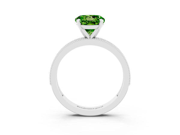 Platinum Round Cut Peridot Milgrain Pavé Engagement Ring with Four-Prong Setting