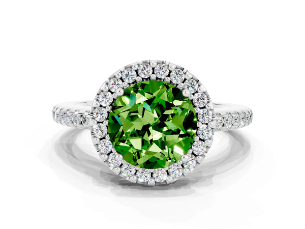 Platinum Round Cut Peridot Pavé Halo Ring with Four-Prong Setting