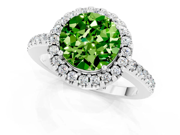 White gold Round Cut Peridot Pavé Halo Ring with Four-Prong Setting