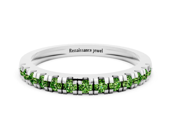 White Gold Round Peridot Thin Pave Half Eternity Wedding Band
