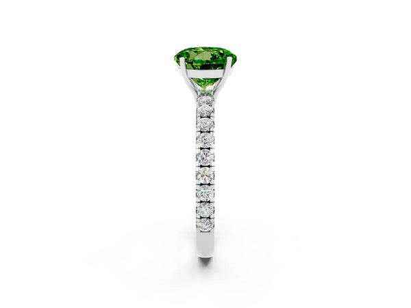 Silver Round Cut Peridot Pavé Solitaire Engagement Ring with Four-Prong Setting