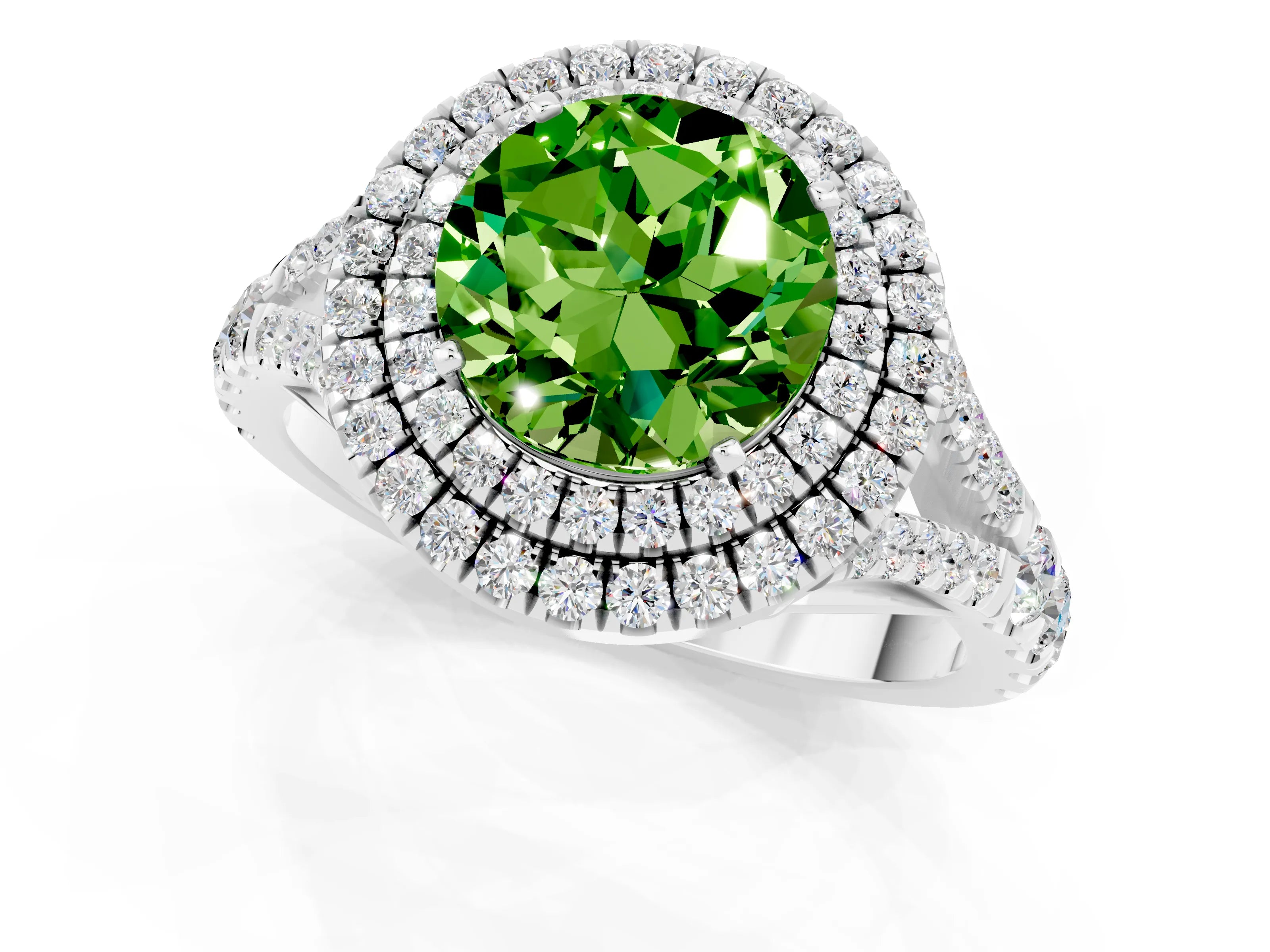 White gold Round Cut Peridot Pavé Split Shank Double Halo Engagement Ring_1