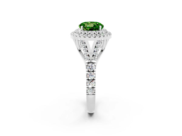 White gold Round Cut Peridot Pavé Split Shank Double Halo Engagement Ring