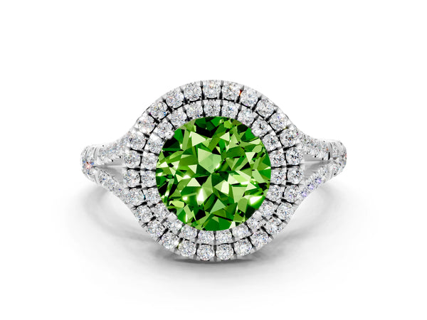 Silver Round Cut Peridot Pavé Split Shank Double Halo Engagement Ring