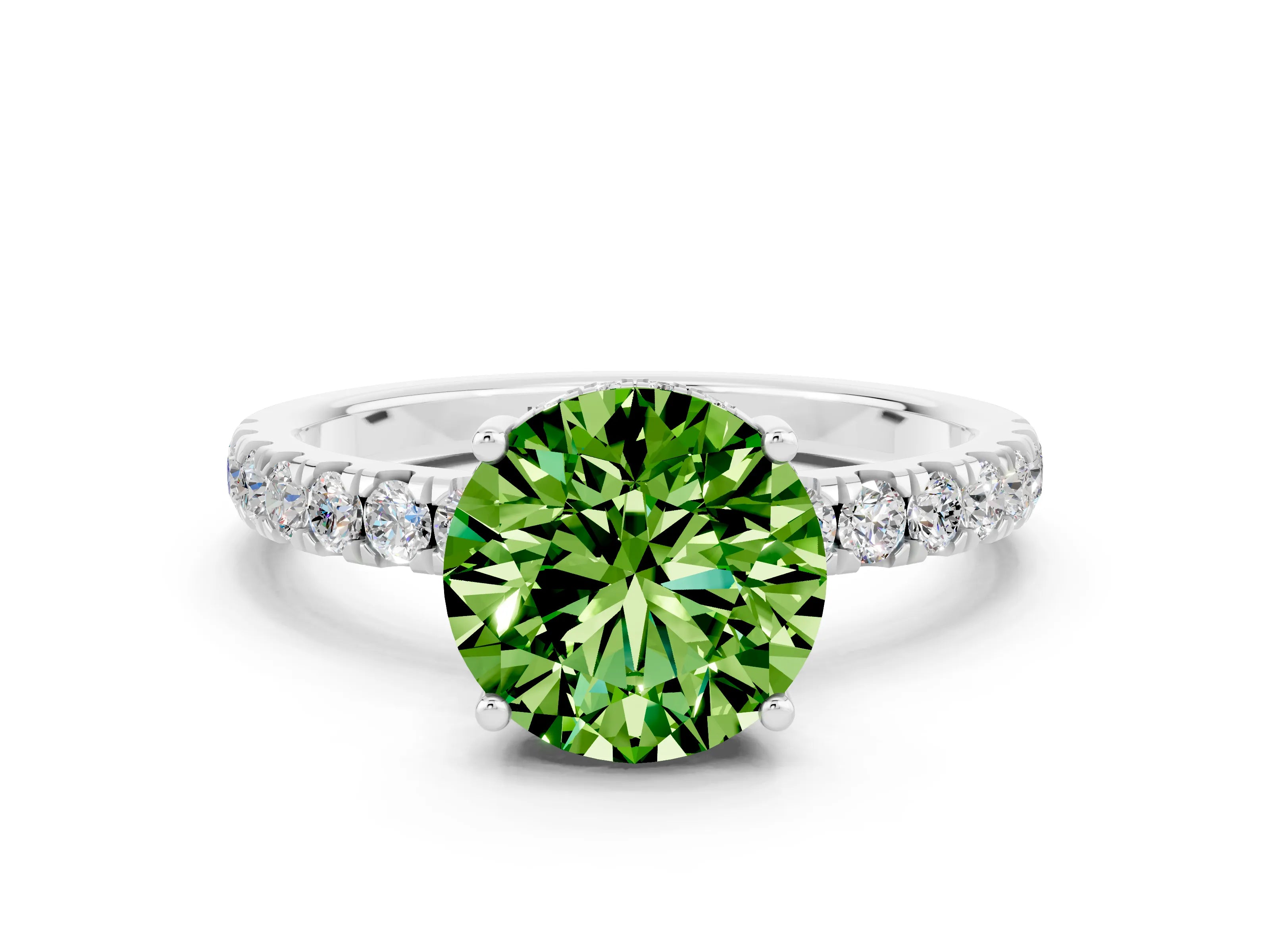 White gold Round Cut Peridot Pave Band Solitaire Ring with Four-Prong Setting_24