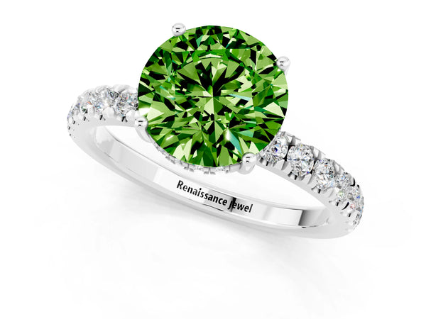 White gold Round Cut Peridot Pave Band Solitaire Ring with Round  and Prong Setting