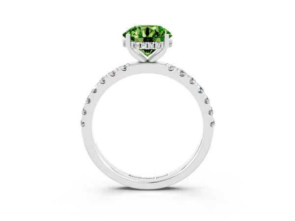 Platinum Round Cut Peridot Pave Band Solitaire Ring with Round  and Prong Setting