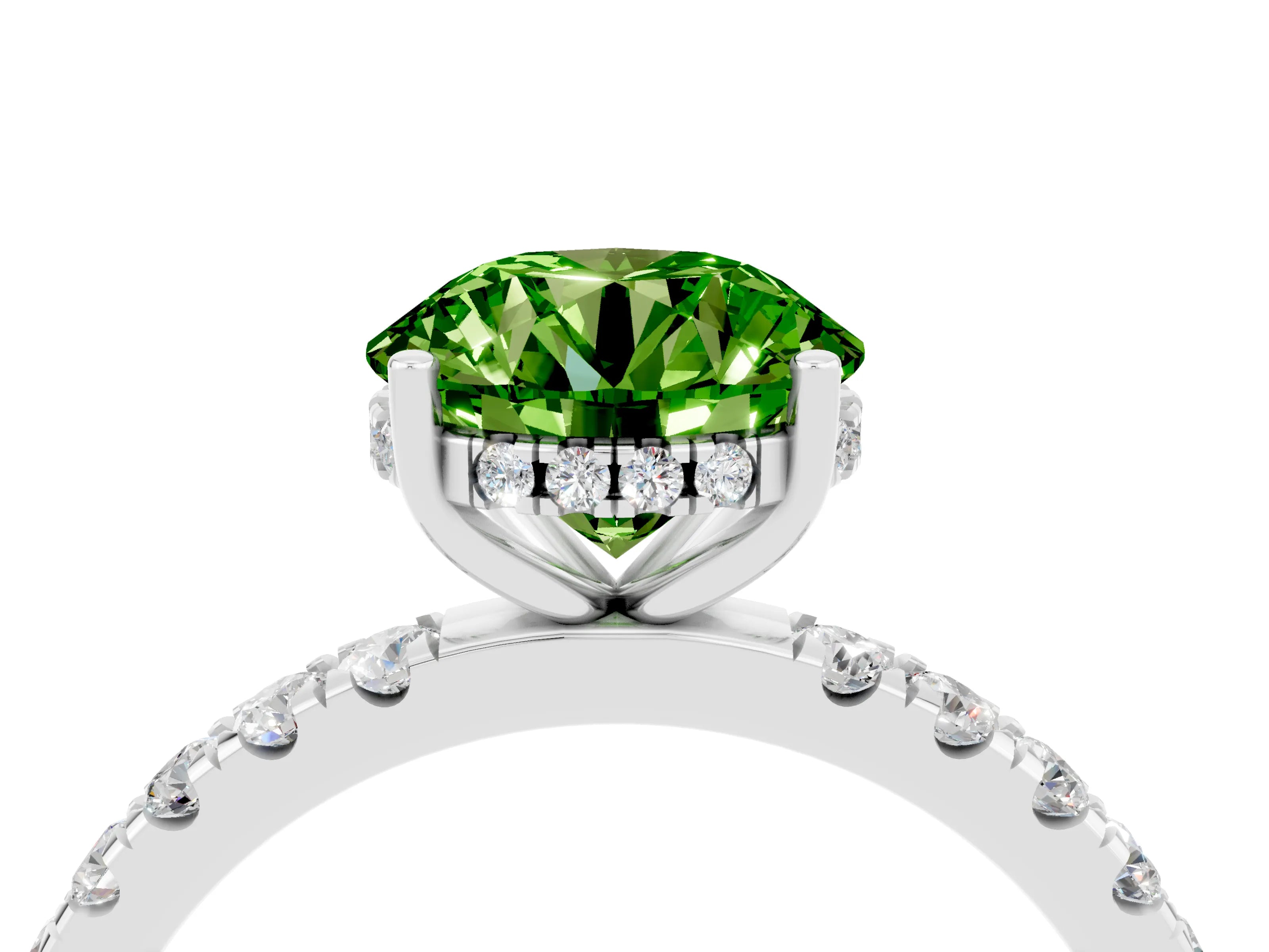 White gold Round Cut Peridot Pave Band Solitaire Ring with Four-Prong Setting_28