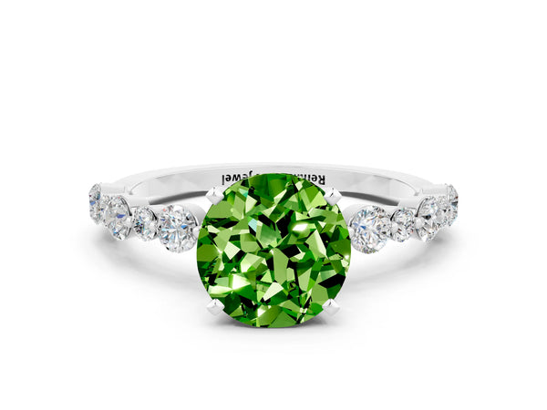 Platinum Round Cut Peridot Prong Set Engagement Ring with Pavé Band
