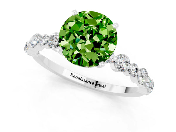 Silver Round Cut Peridot Prong Set Engagement Ring with Pavé Band