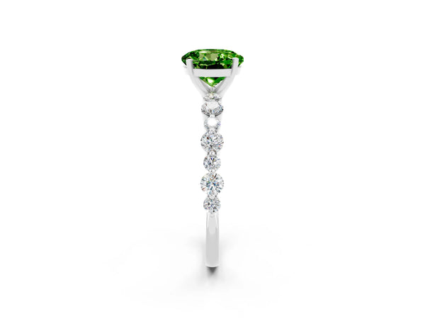 Platinum Round Cut Peridot Prong Set Engagement Ring with Pavé Band