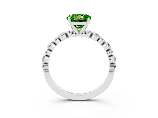 White gold Round Cut Peridot Prong Set Engagement Ring with Pavé Band