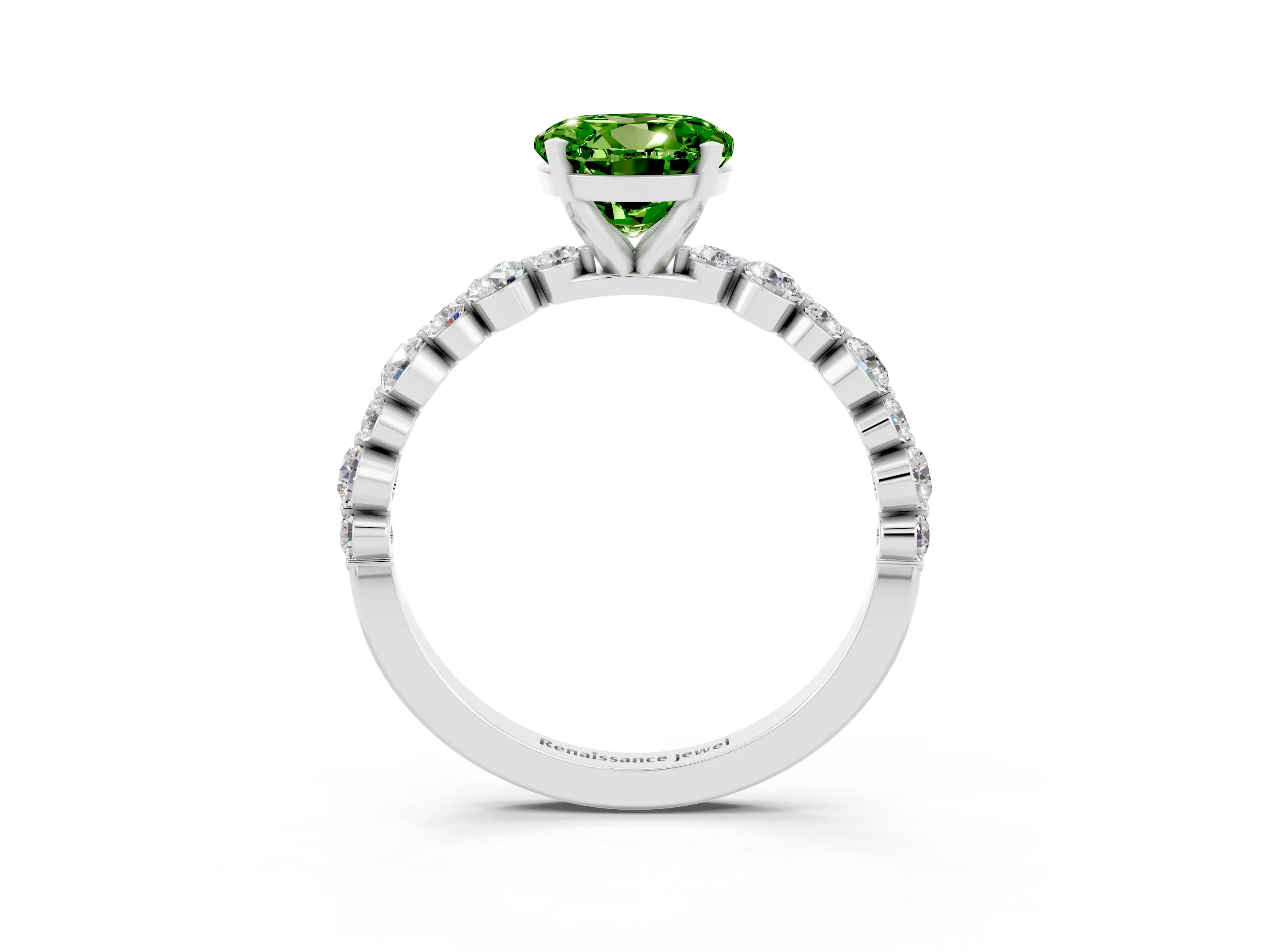White gold Round Cut Peridot Prong Set Engagement Ring with Pavé Band_3