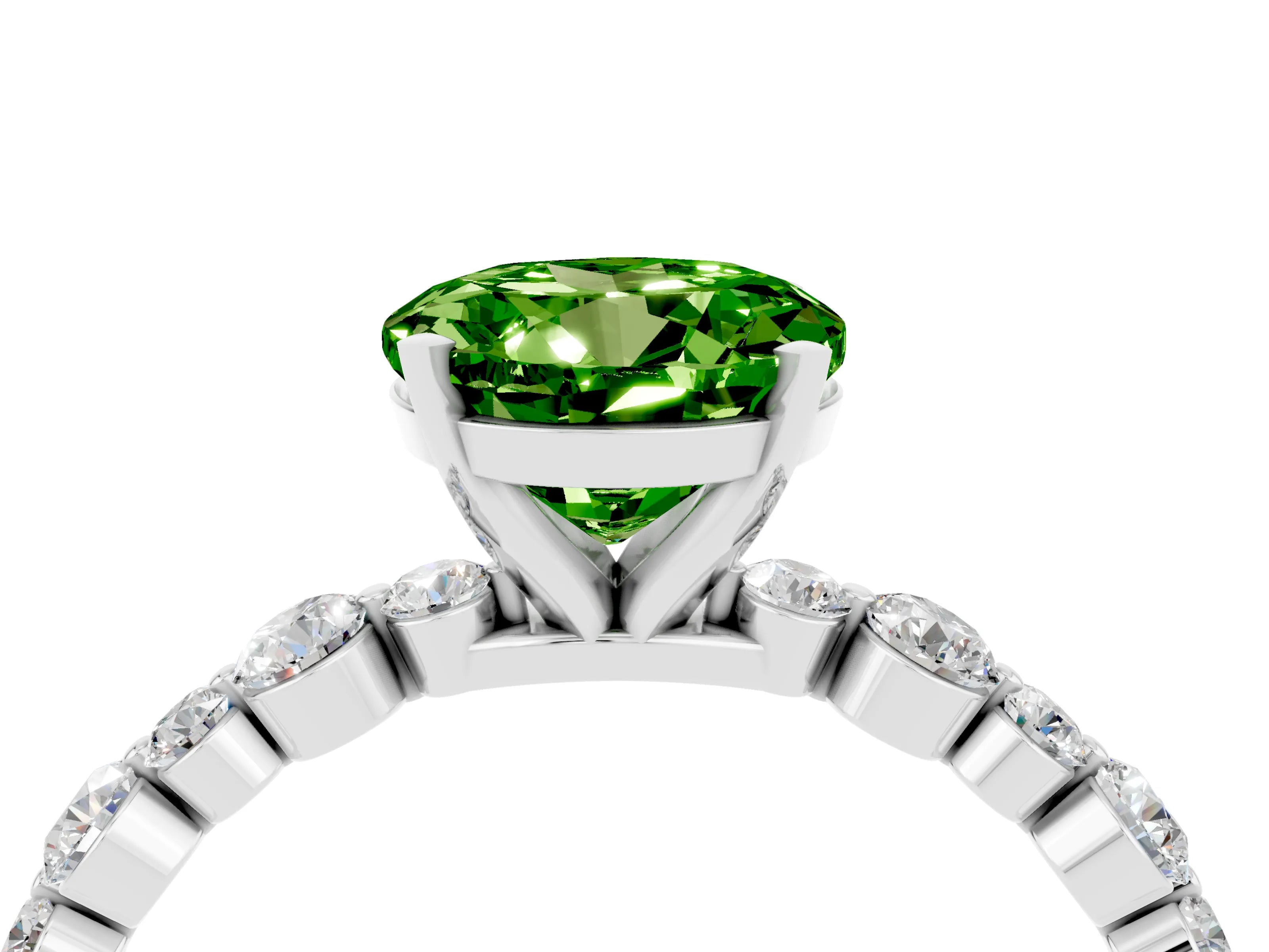 White gold Round Cut Peridot Prong Set Engagement Ring with Pavé Band_4