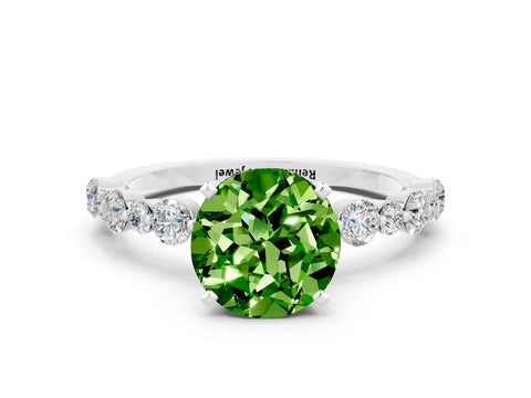 White gold Round Cut Peridot Prong Set Engagement Ring with Pavé Band