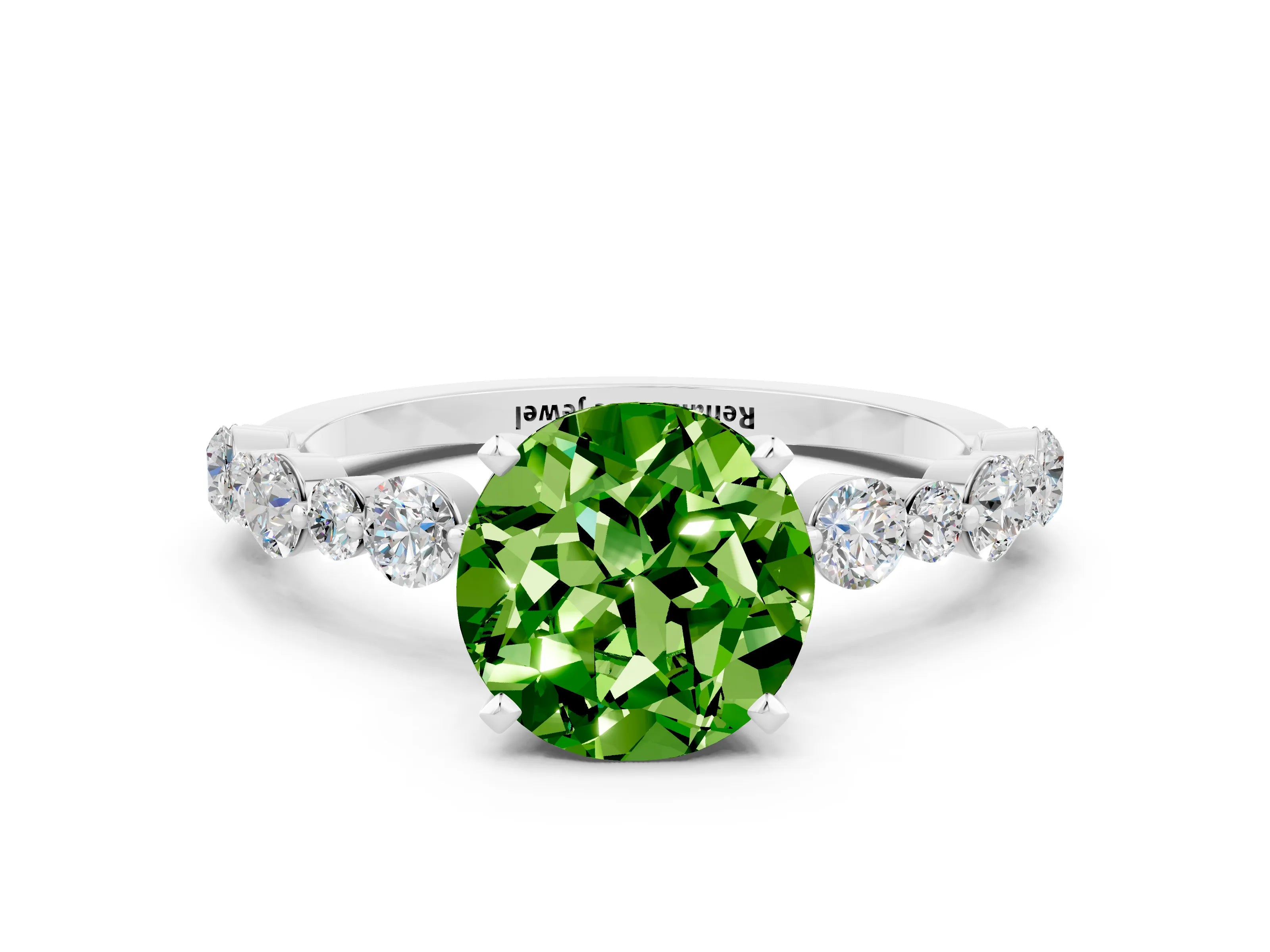 White gold Round Cut Peridot Prong Set Engagement Ring with Pavé Band