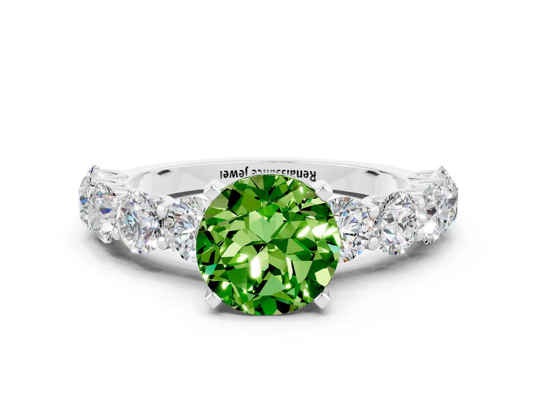 White gold Round Cut Peridot Prong Setting with Side Stones on a Pave Band
