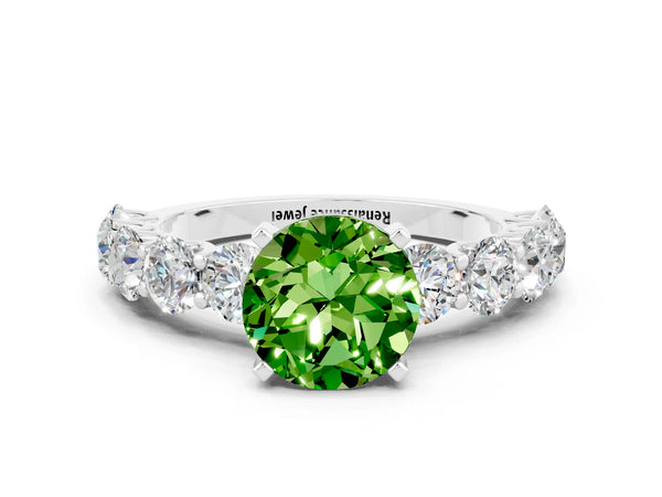 Platinum Round Cut Peridot Prong Setting with Side Stones on a Pave Band